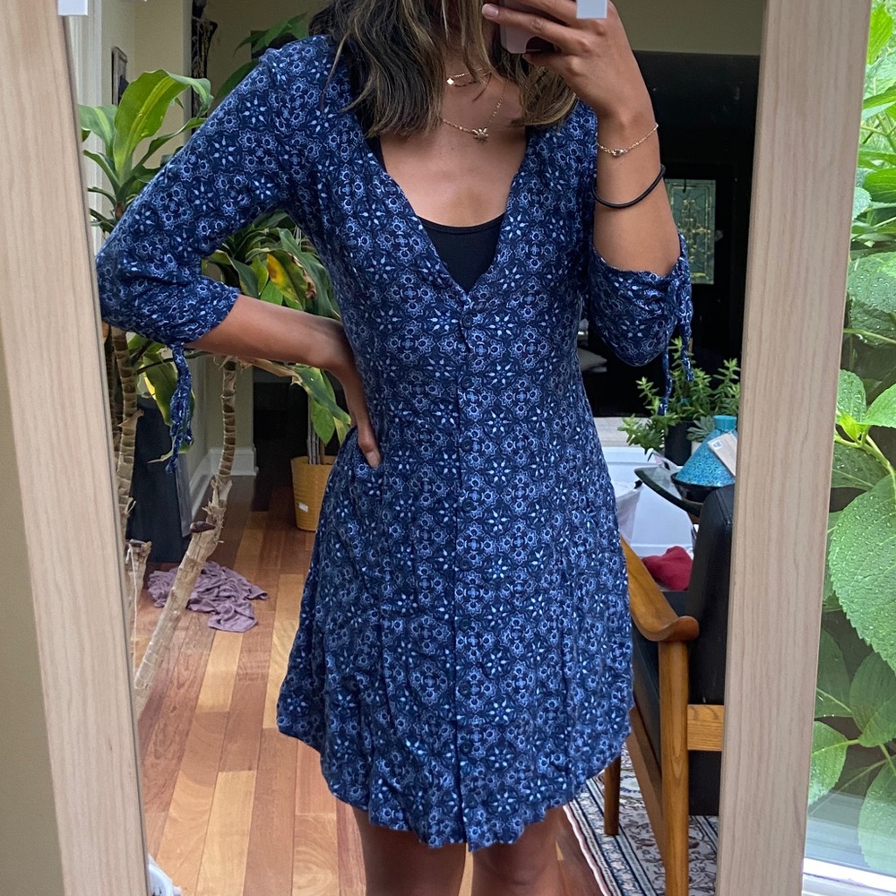 Blue Retro Hollister Dress Small 80s Vintage Floral Print Fall Autumn S